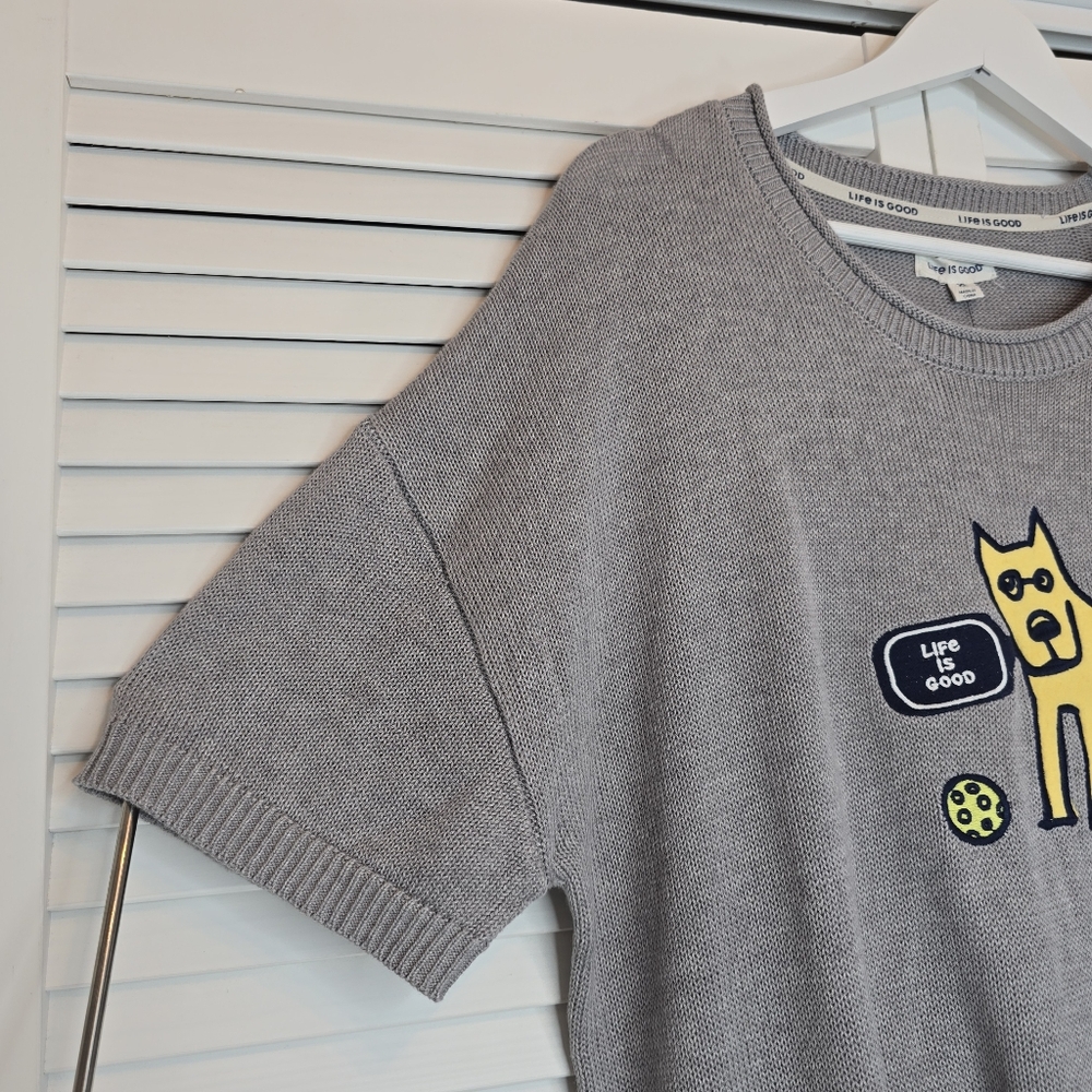 LIFE IS GOOD Women's Knit Sweater Tee Dog Graphic Grey Cotton Pullover Whimsical - Picture 4 of 9
